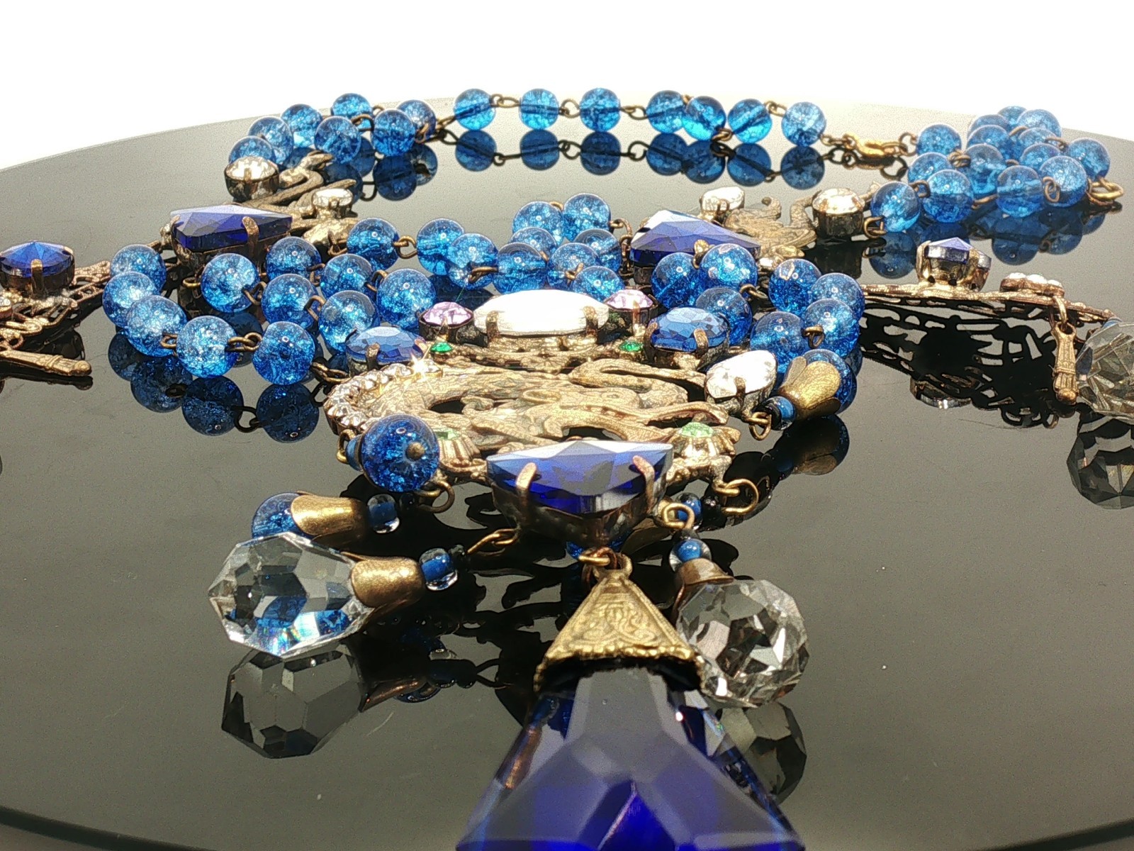 Vintage Czech Glass Necklace Blue Beads Multi Strand Dragon Motif Statement