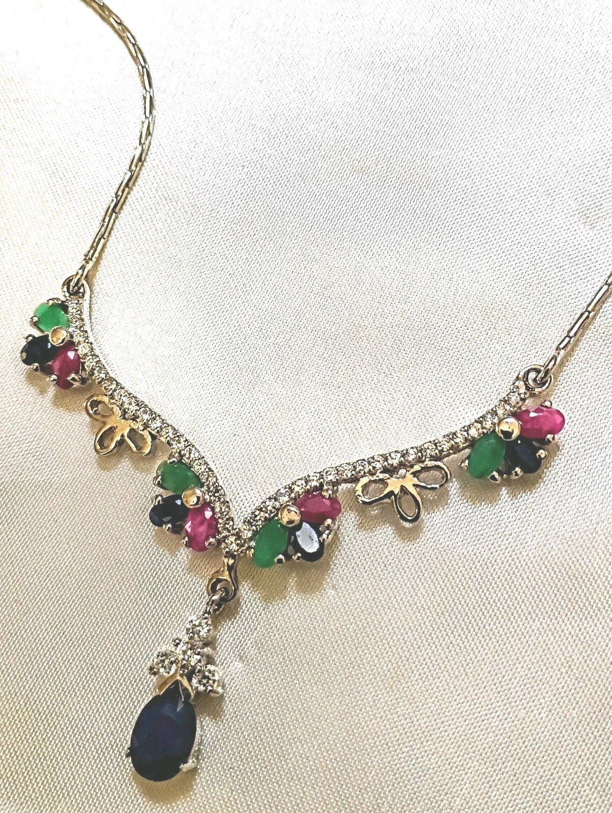 Vintage Liquid Silver Natural Sapphire Emerald Ruby CZ Victorian Necklace 18″