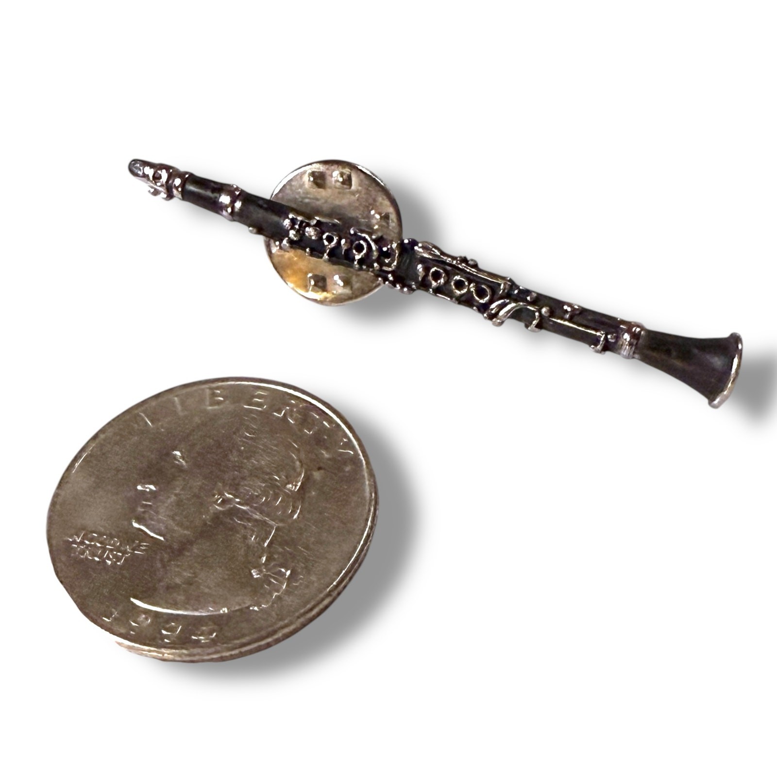 Vintage Future Primitive Lapel Pin Miniature Clarinet Silver Tone Black Patina