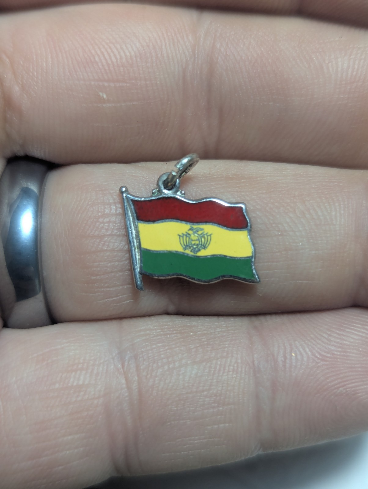 Vintage Sterling Silver Bolivia National Flag Bolivian Pendant Charm