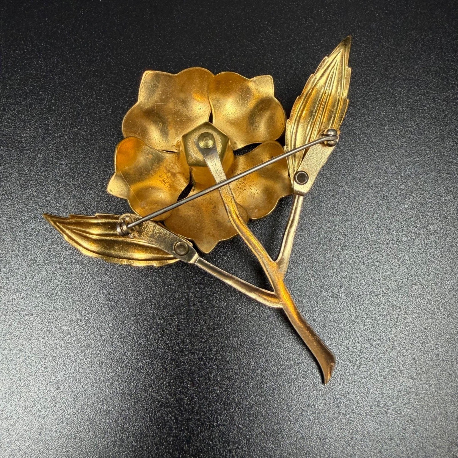 Vintage Blue Cold Painted Enamel Flower Brooch Gold Tone Statement Pin 3.75 In