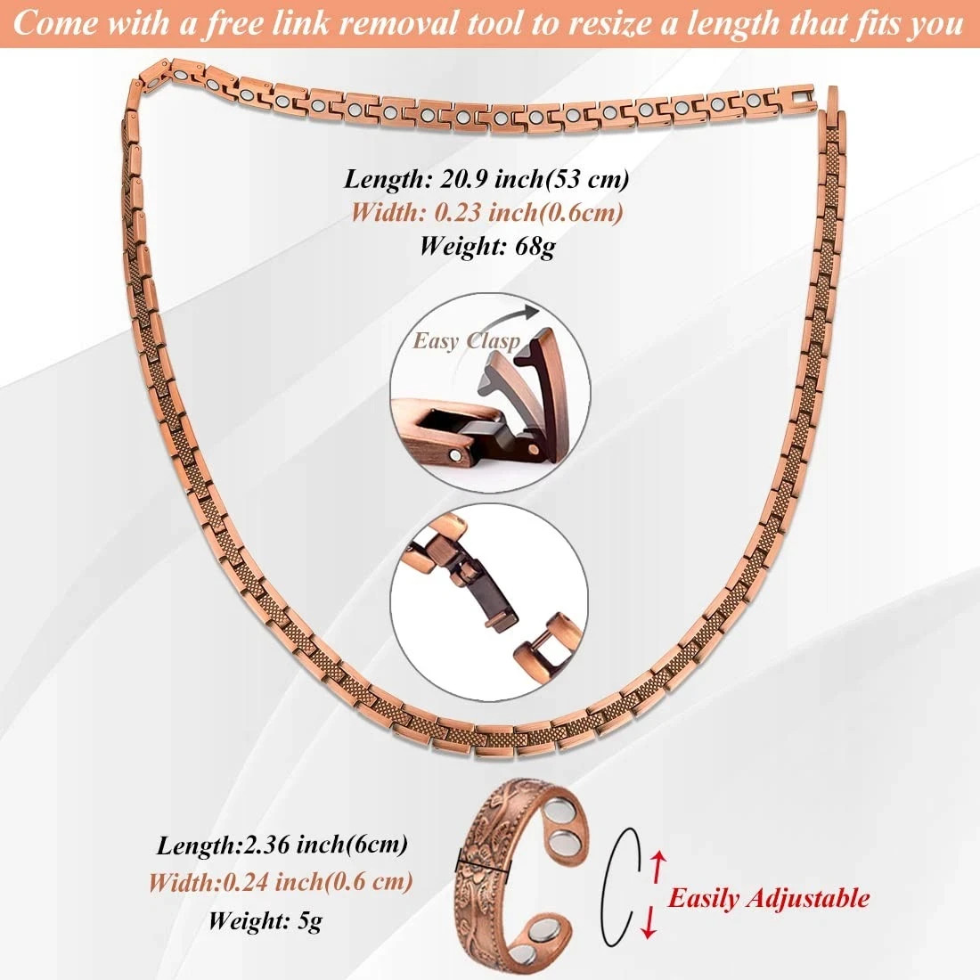 Copper Necklace for Men – Magnetic Necklace 99% Solid Pure Copper Ring Set Ul…