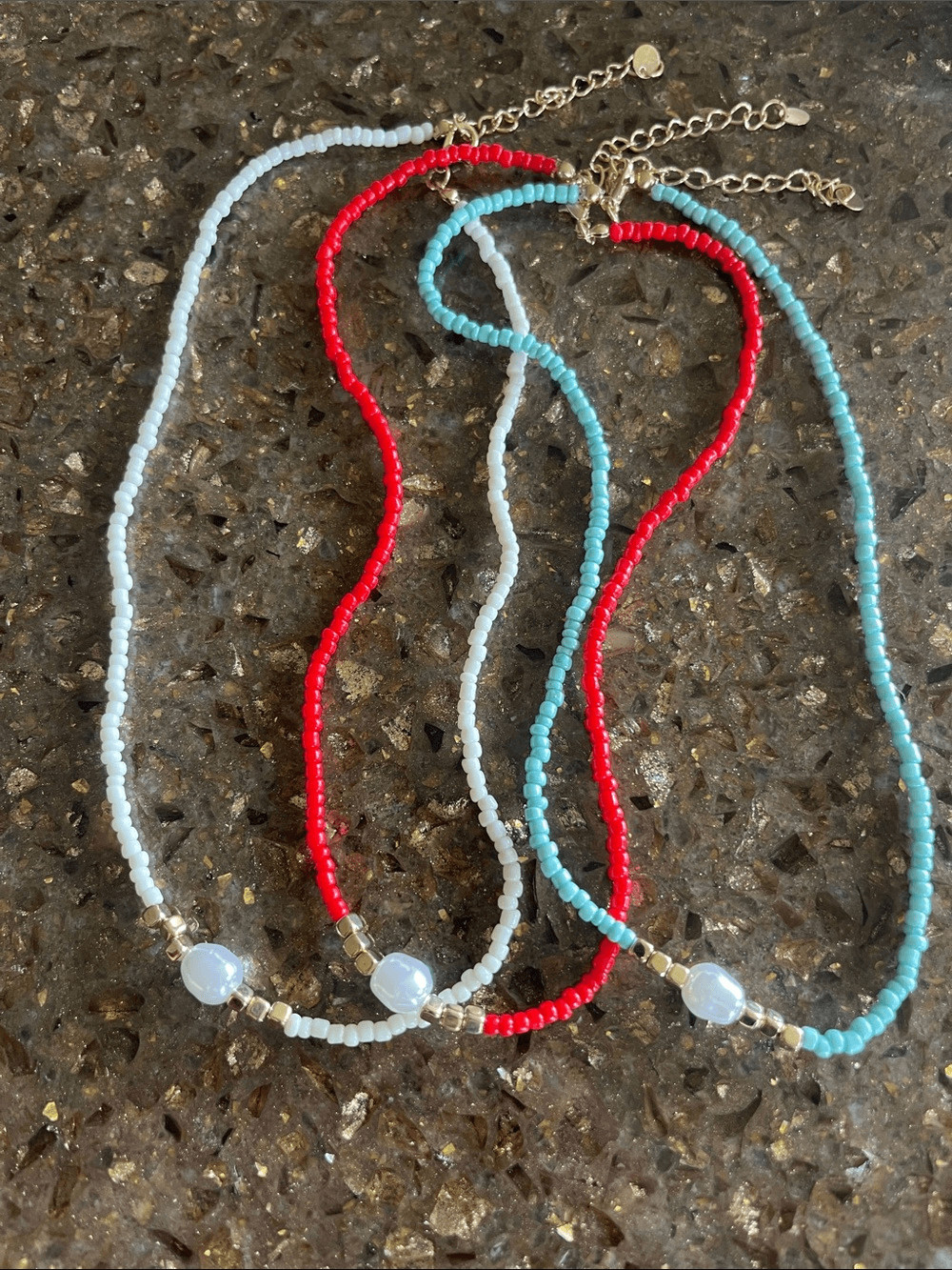 3 pack of Beaded Necklaces with Pearl Accent Necklace – Red, White, Blue