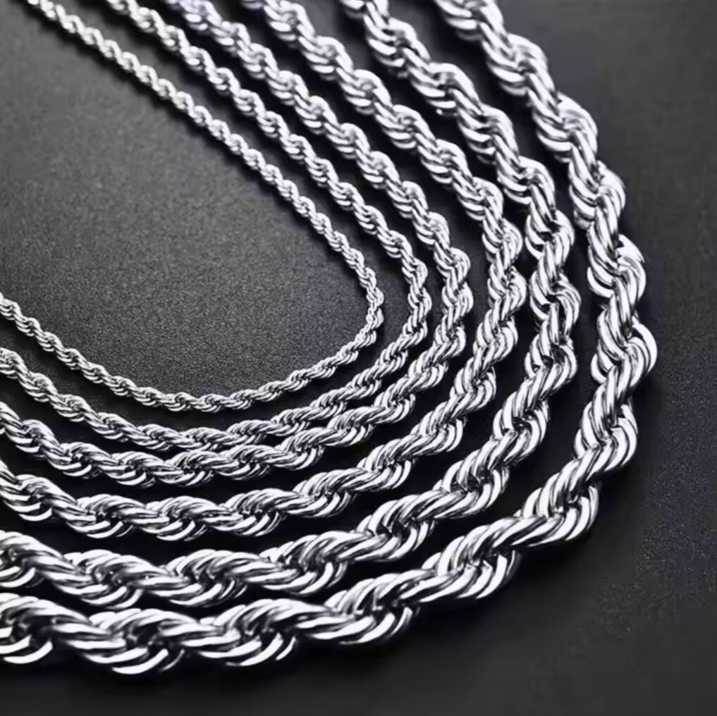 925 Sterling Silver Rope Link Chain Necklace–Unisex, Stainless Steel, Plated