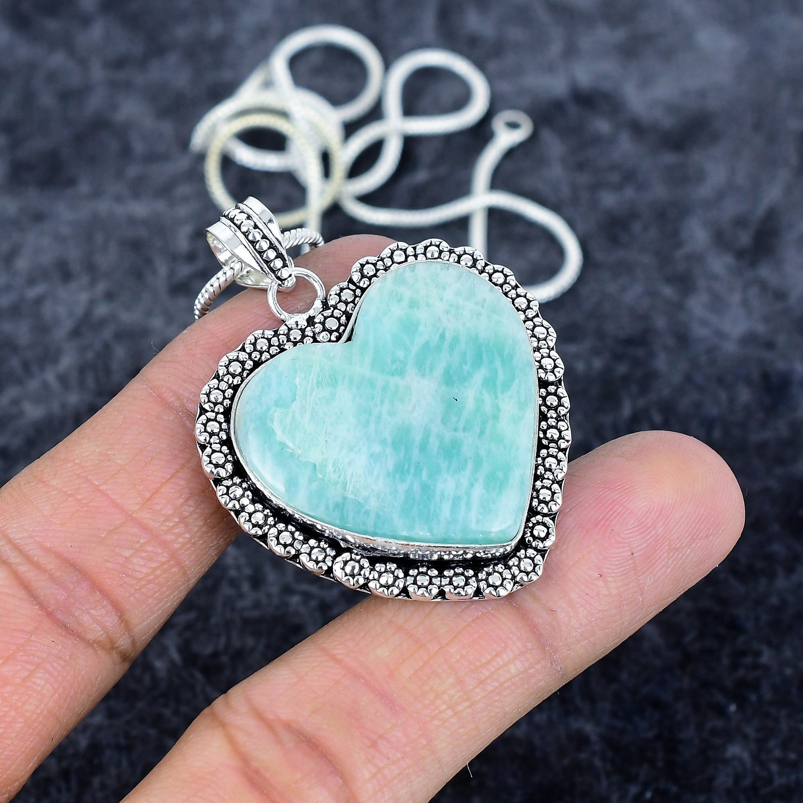 Amazonite Gemstone Handmade 925 Sterling Silver Jewelry Pendant 1.89″ u085
