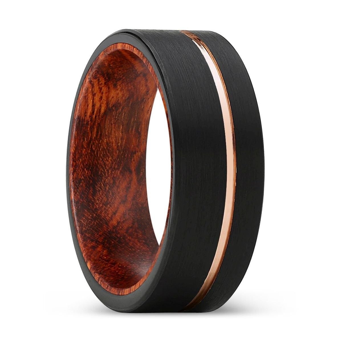 ROAMER | Snake Wood, Black Tungsten Ring, Rose Gold Offset Groove, Brushed, Flat