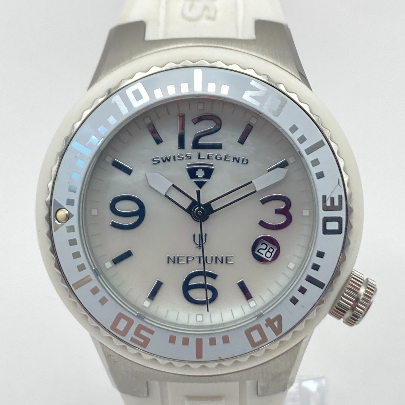 Swiss Legend Neptune Women’s Watch 44mm White MOP Dial Date WR New Battery 8.5″