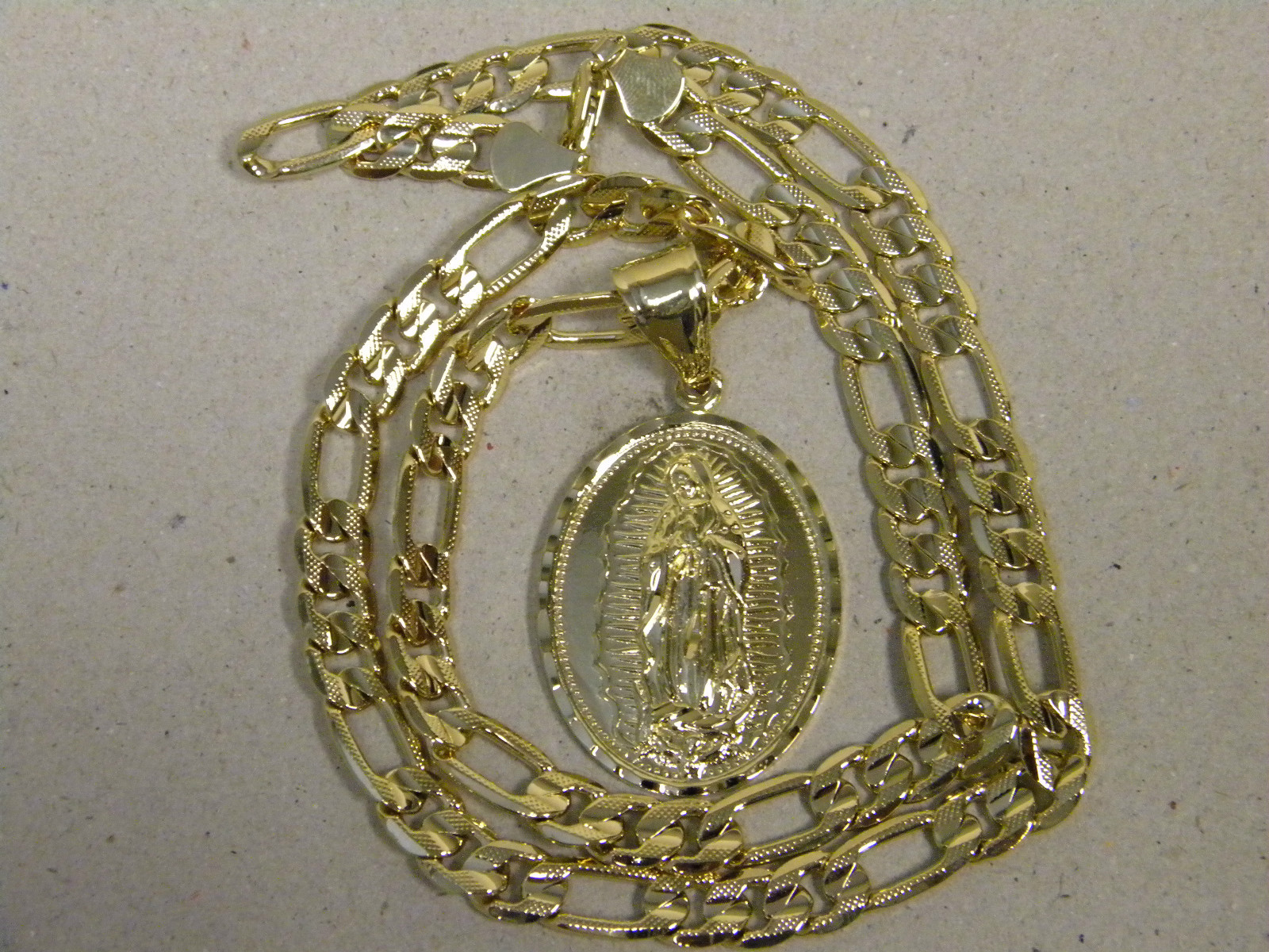 Men’s Yellow Gold Plated Figaro Chain & Large Oval Mother Mary Charm Set 24 30in