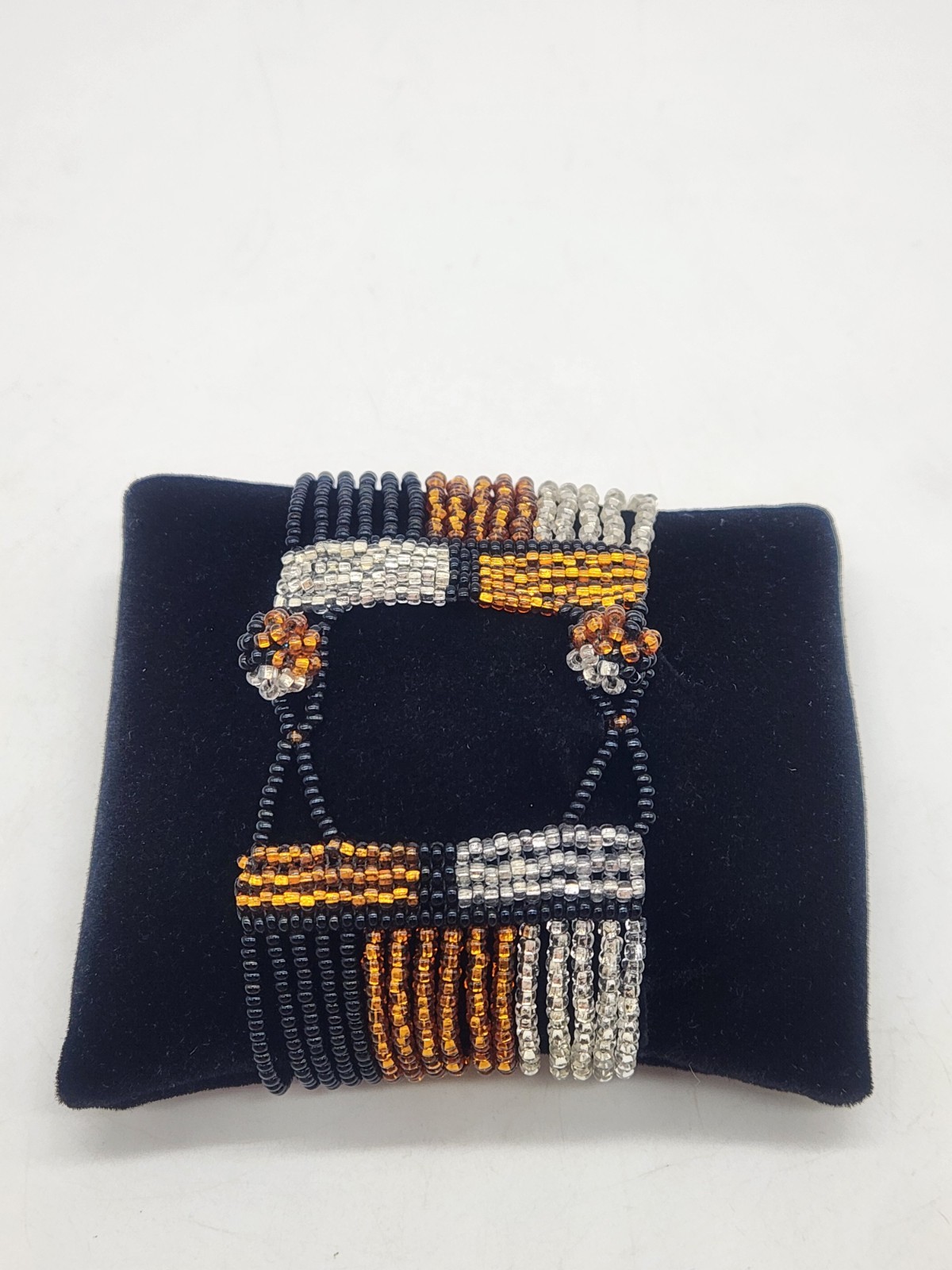 Black, Silver & Gold Woven Seed Bead Bracelet Geometric Pattern 7″