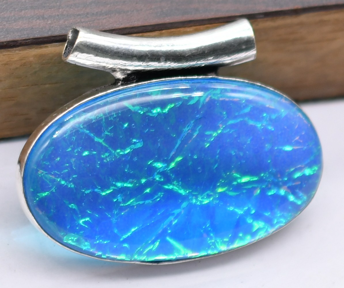 Blue Triplet Opal Natural Gemstone Antique Silver Plated Pendant 1.25″ J684
