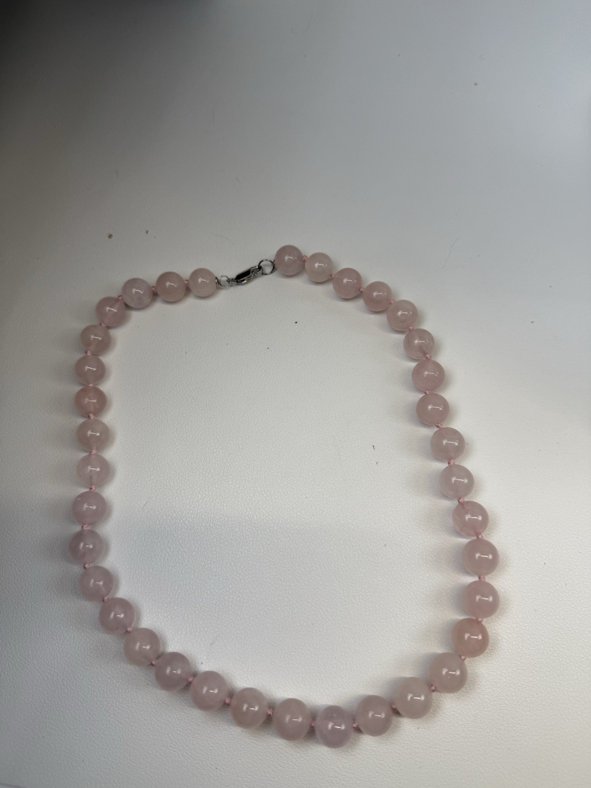 Rose Quartz 12.3mm Beaded Sterling Silver Clasp Necklace 2.25″