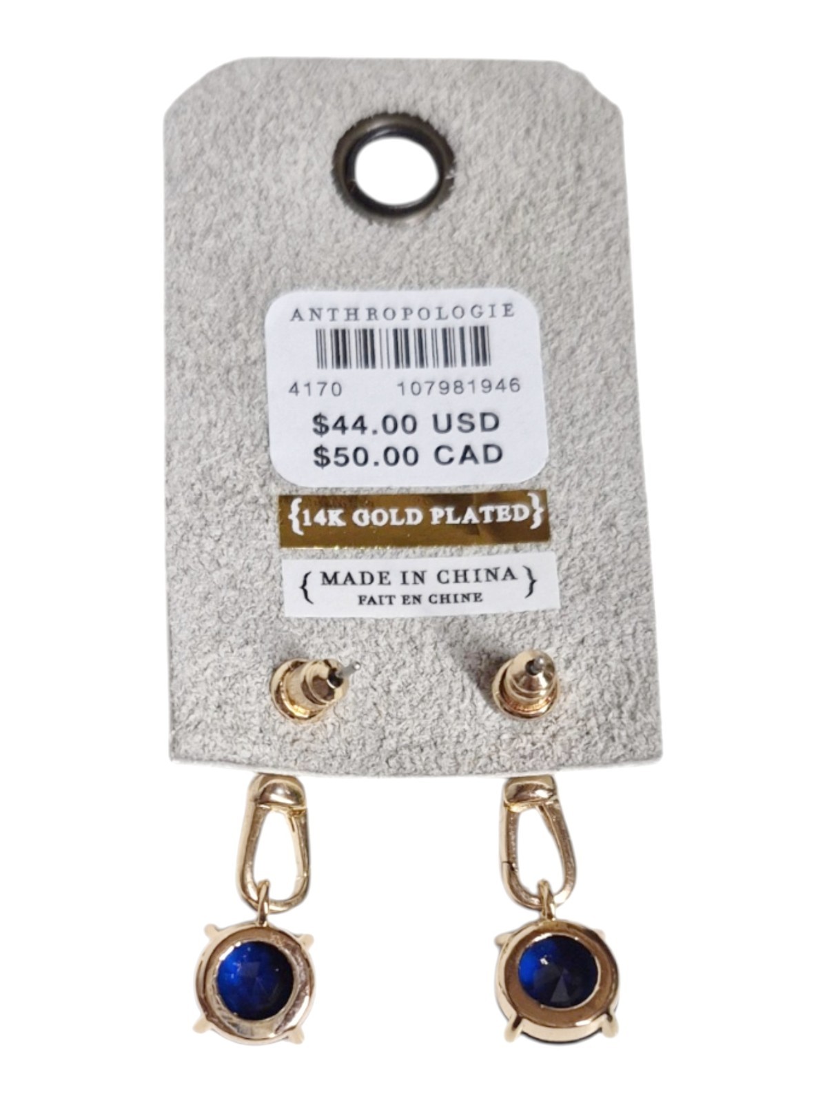 Anthropologie Crystal Clasp Drop Earrings Sapphire Blue 14k Gold Plate Brass NWT