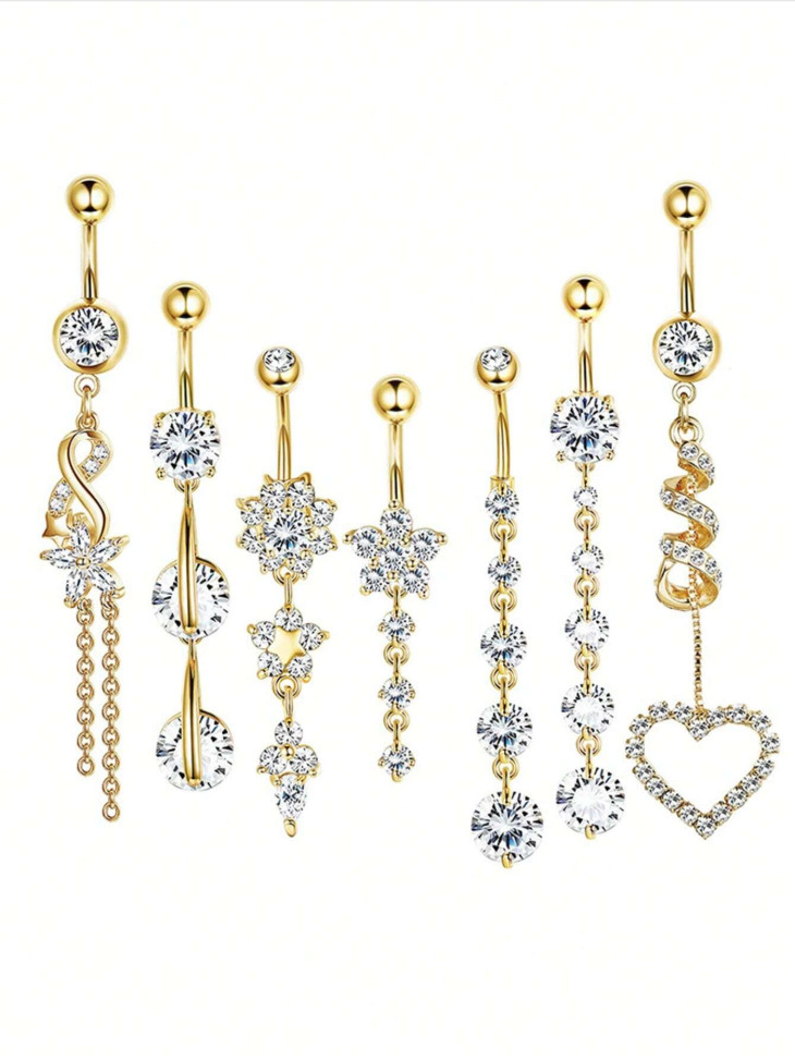 7Pcs Dangle Belly Button Rings Set CZ Crystal Heart Navel Piercing Jewelry Women