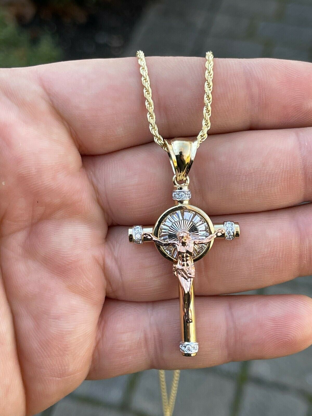 Solid 925 Silver Cross W. Jesus Pendant Yellow & Rose Gold Plated Necklace CZ