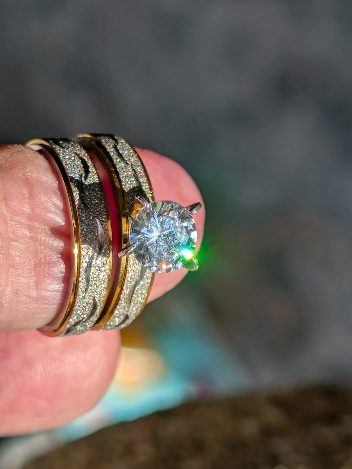 Gold & Silver Color Engagement & Wedding Ring Set – Created Diamond, Etched