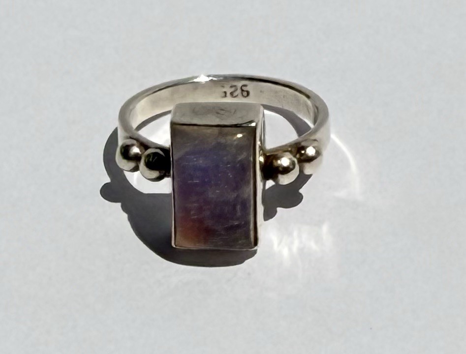 925 Sterling Silver Rainbow Moonstone Style Ring Size 7.5 Rectangular Cabochon