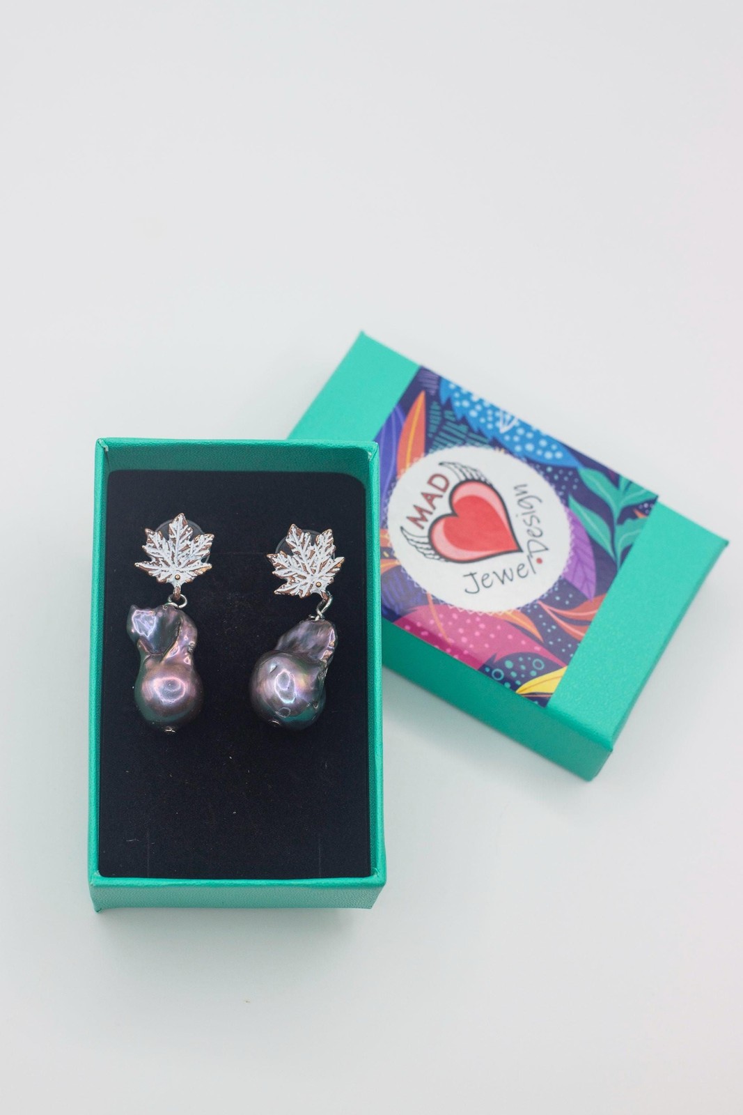 12mm Black Peacock Baroque Pearl Leaf Stud Earrings White Patina Bronze Handmade