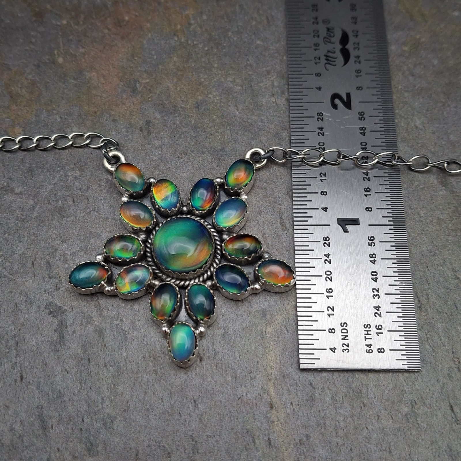 Aurora Opal Starburst Cluster Necklace 18-20″ Sterling Silver Southwestern