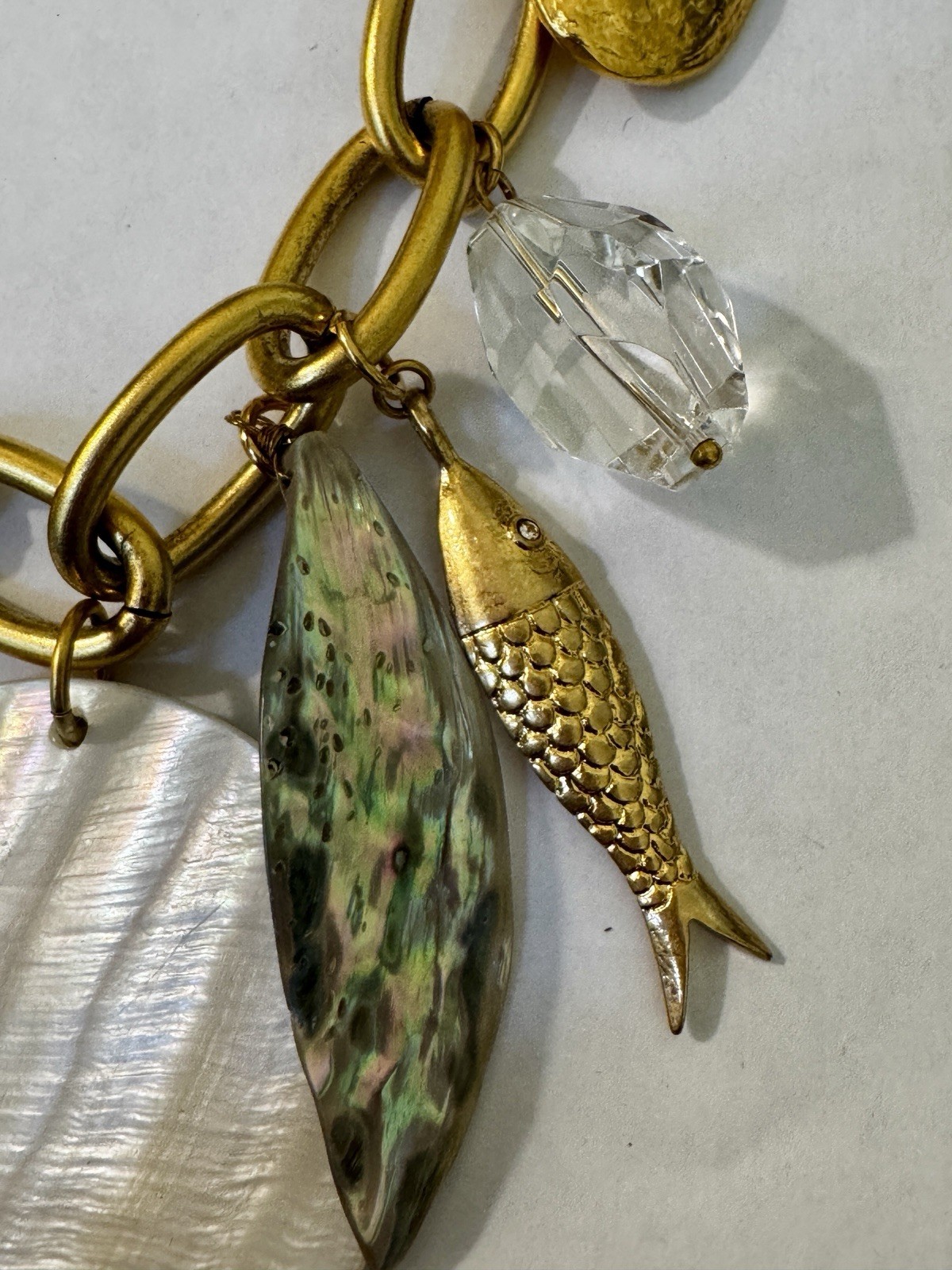 Sequin Gold Tone Link Chain Crystal Charm Necklace Mother of Pearl Shell Disc