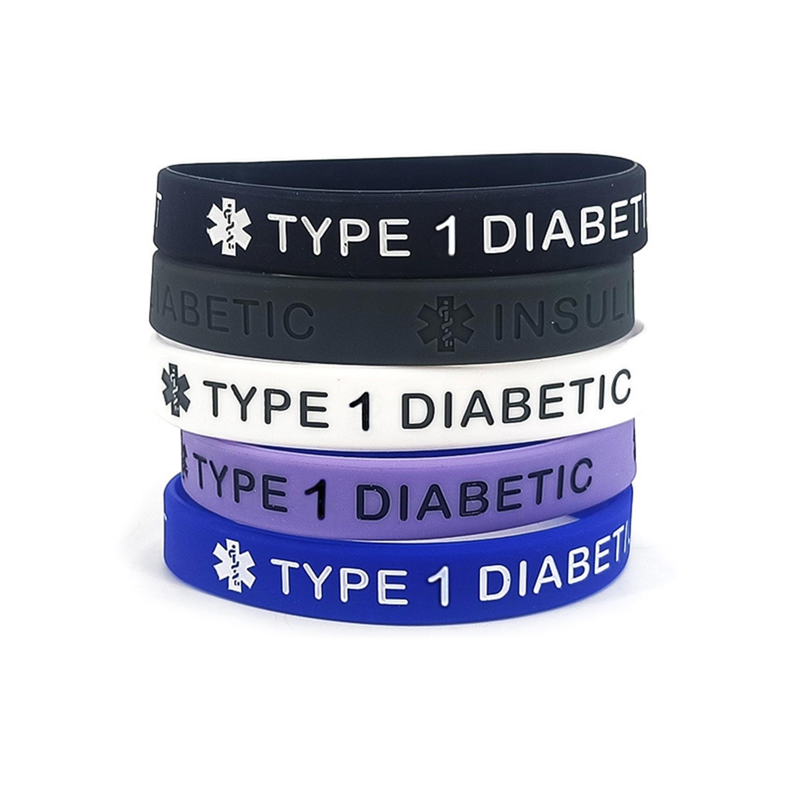 POYAMUSE 5pcs Rubber Medical Alert Bracelets – Type 1 or Type 2 Diabetic Wris…