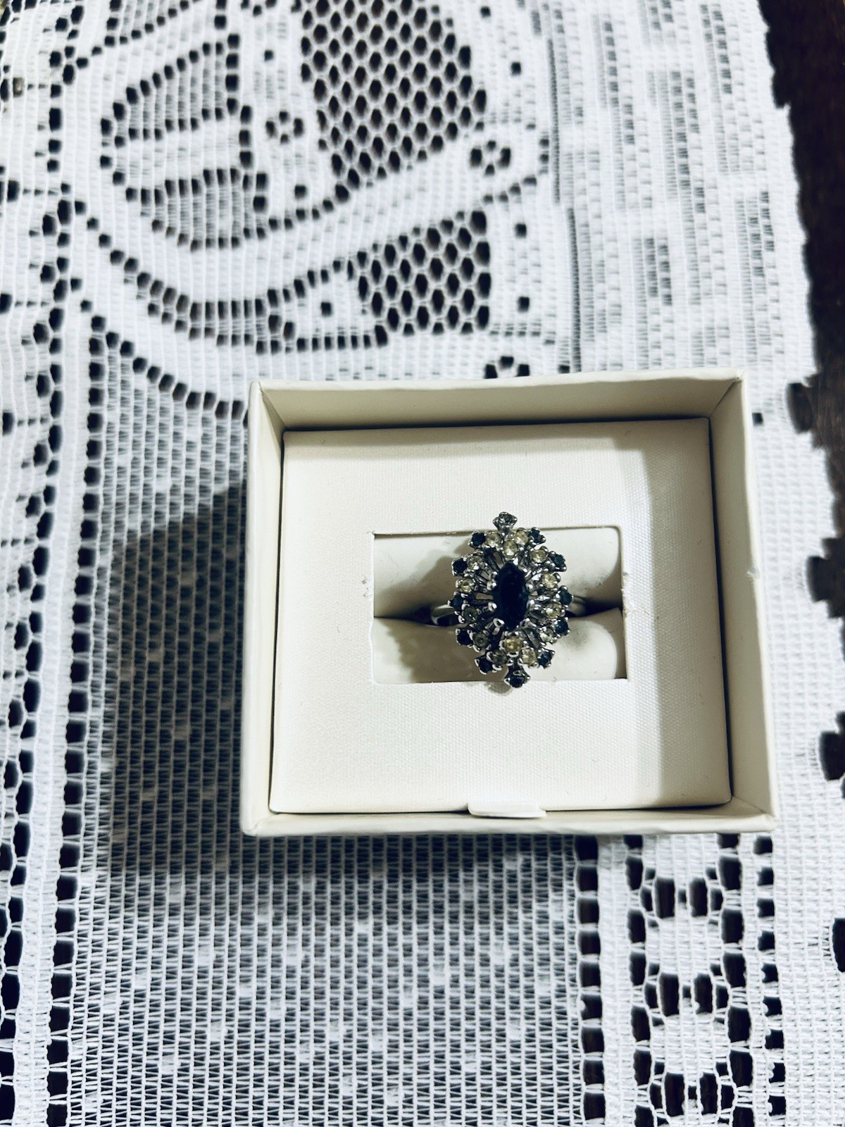 Vintage Art Deco Style Marquise Cut Blue Sapphire and rhinestones 18 kHGE Sz8