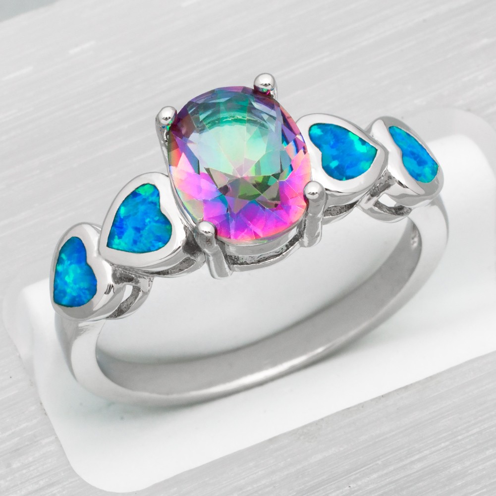 7×9 Rainbow Mystic Topaz Blue Fire Opal Silver Jewelry Women Ring Size 7 8