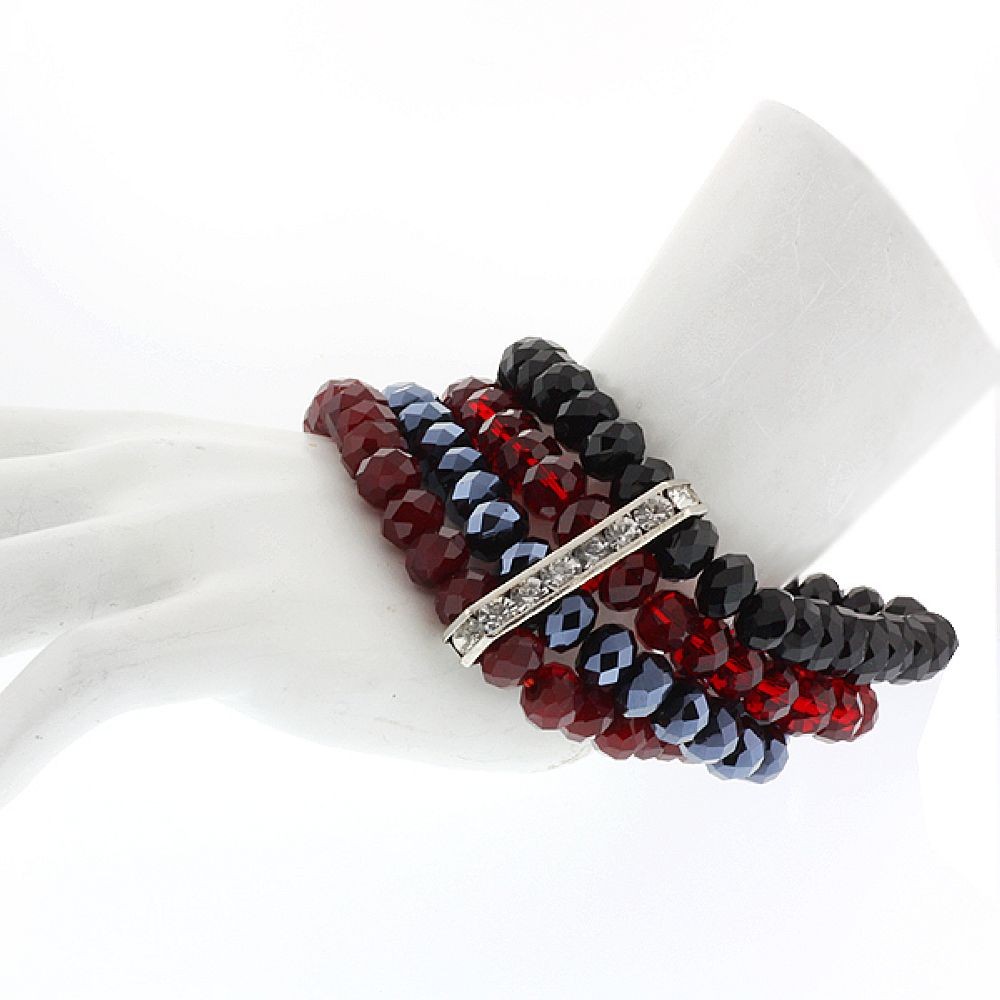 4-Row Multi-Color Black and Red Faceted Crystal Stretchy Bracelet for Women