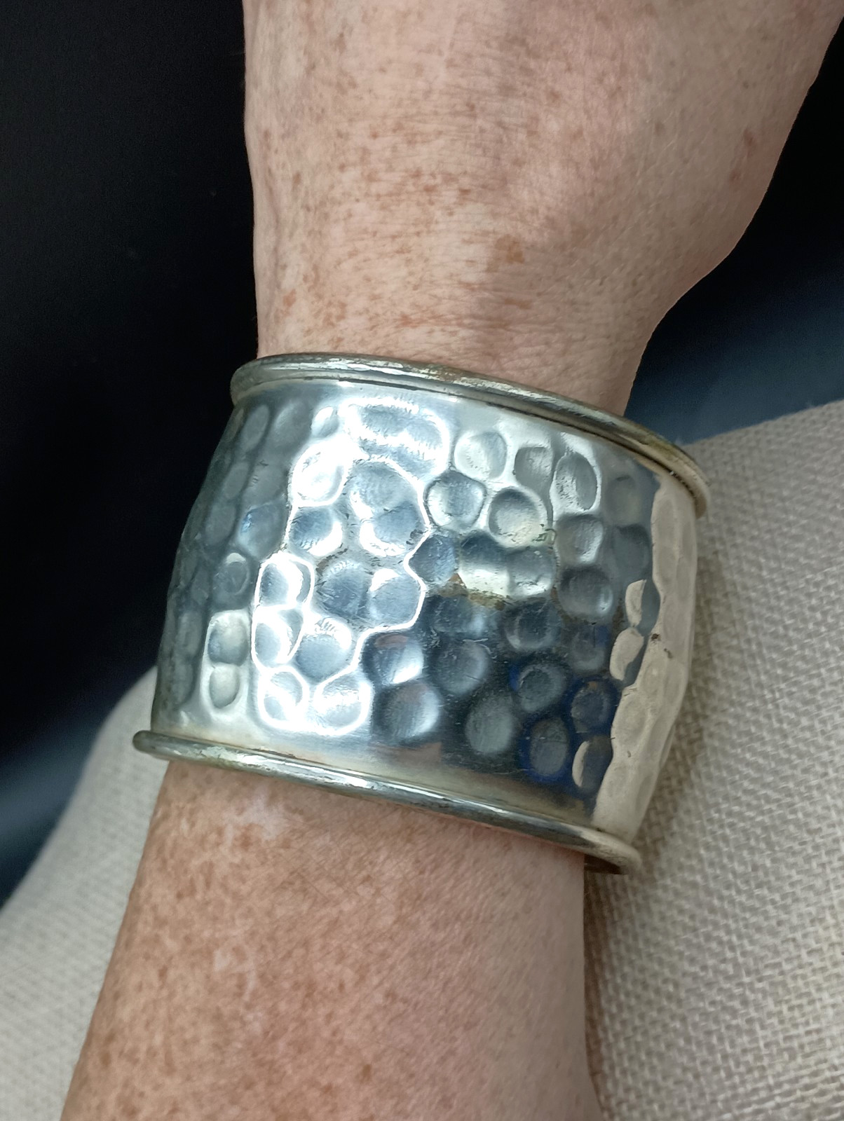 Mens Cuff Bracelet Hammered Silver Tone Open Bangle Wide 2.25” Size 7-9 Adjusts