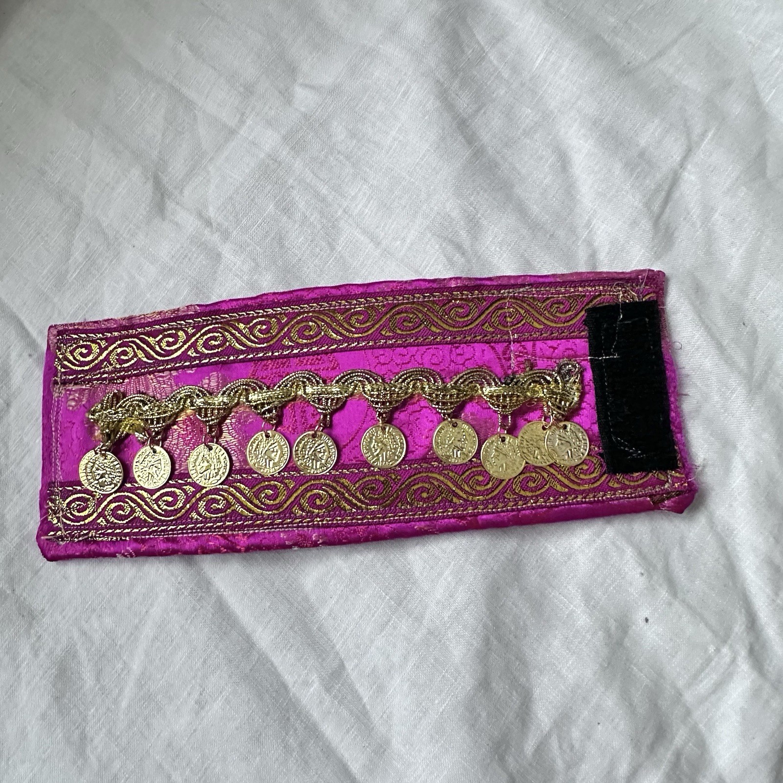 Artisan Fuchsia and Gold Coin Cuff Bracelet Adjustable Wrist Jewelry Art Signed