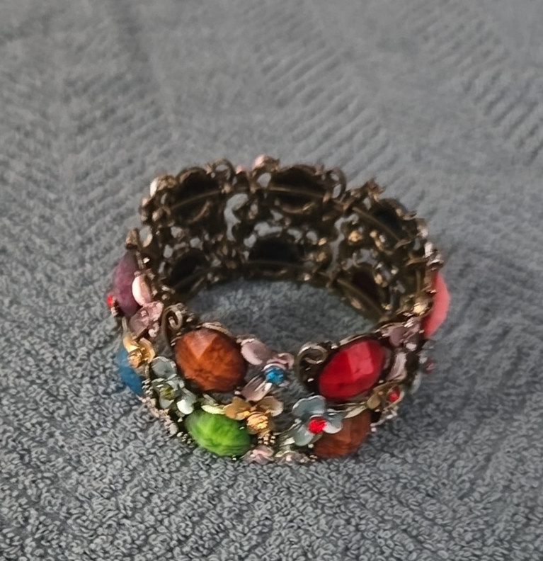 Multicolor Glass Flower Cuff Bracelet, Teardrop Stones, Beaded Charm.