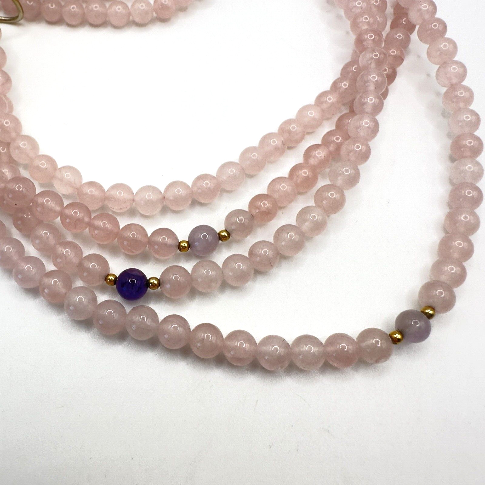 Rose Quartz Necklace with Amethyst & Gold Tone Spacer Accents 4 Strands & 24 In