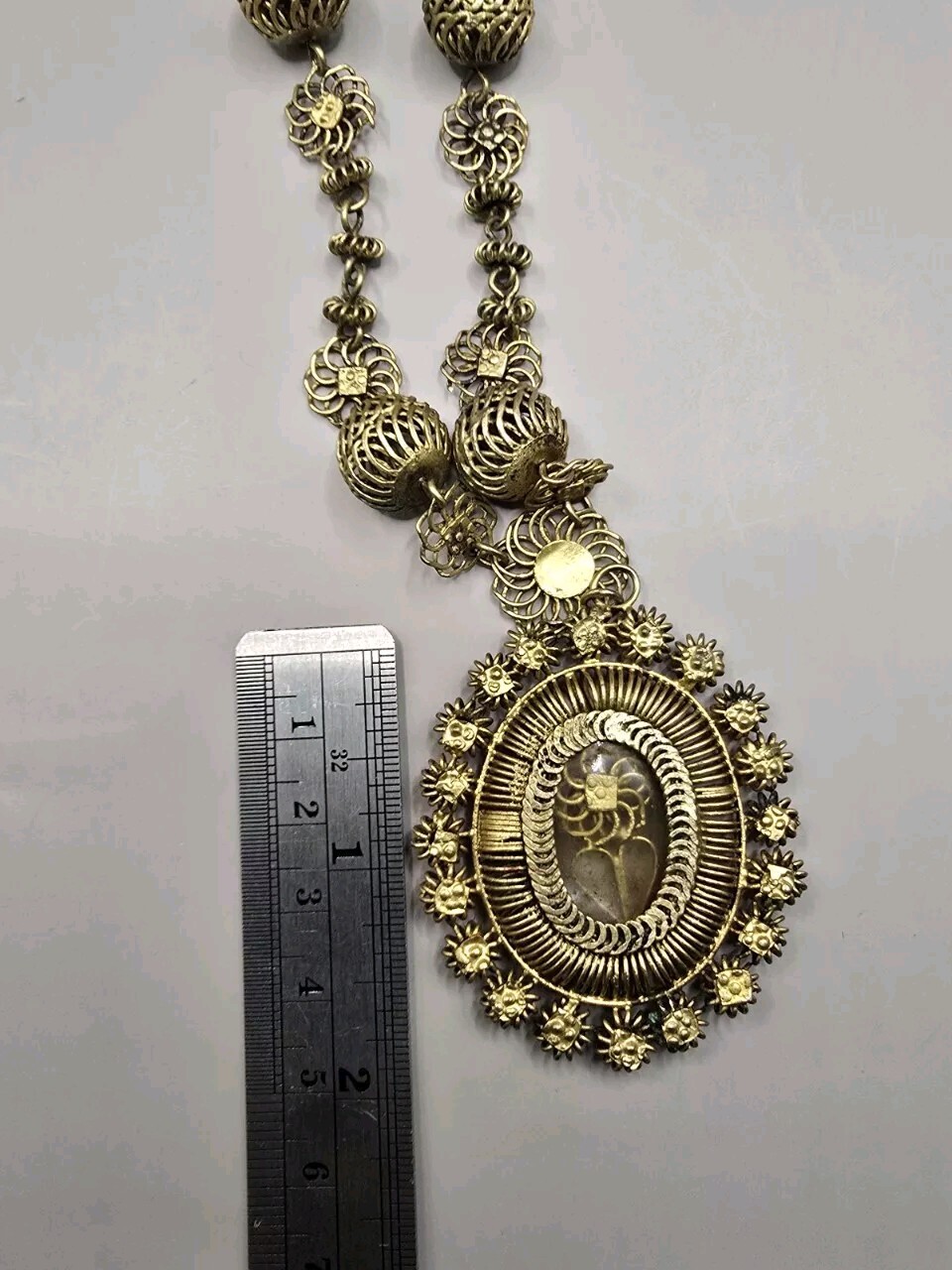 Philippines Tambourine Reliquary Gilt Copper Filigree Pendant Necklace Tamborin
