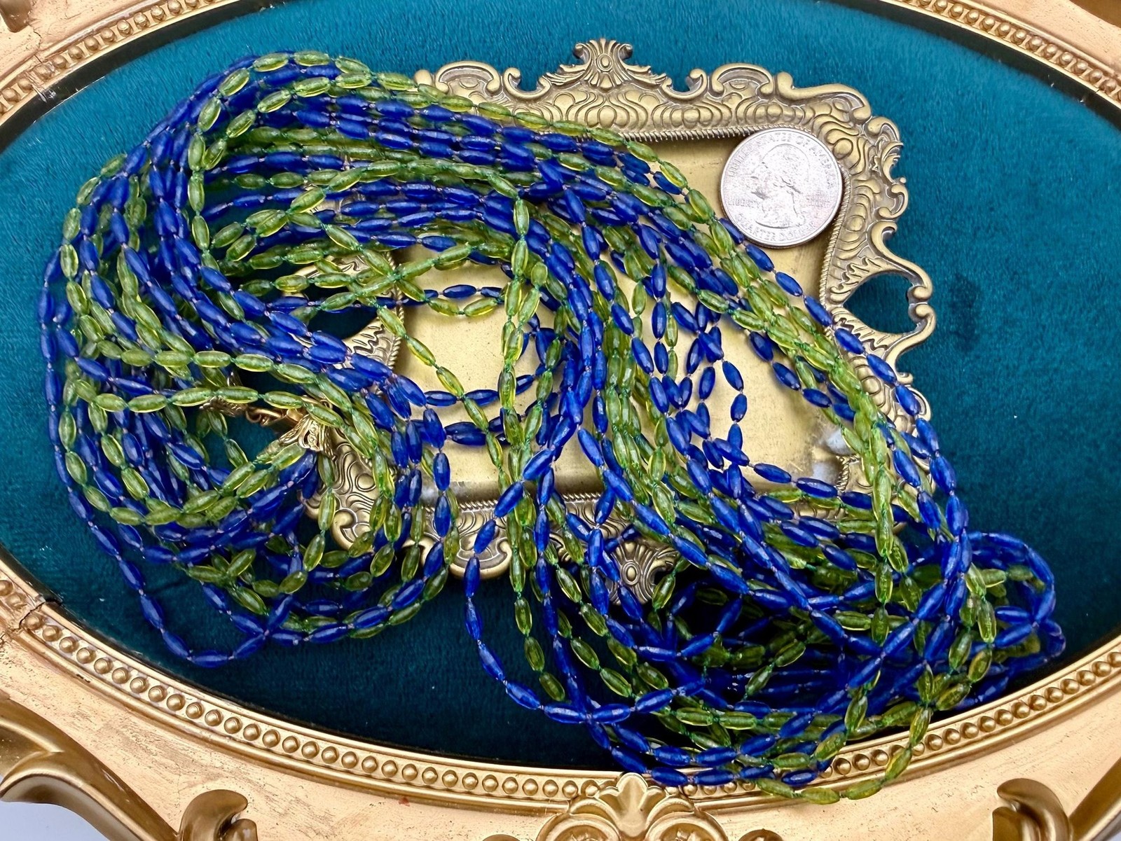 Vintage 1960s Cobalt Blue & Chartreuse Lucite Multi-Strand Necklace | 52” Long L