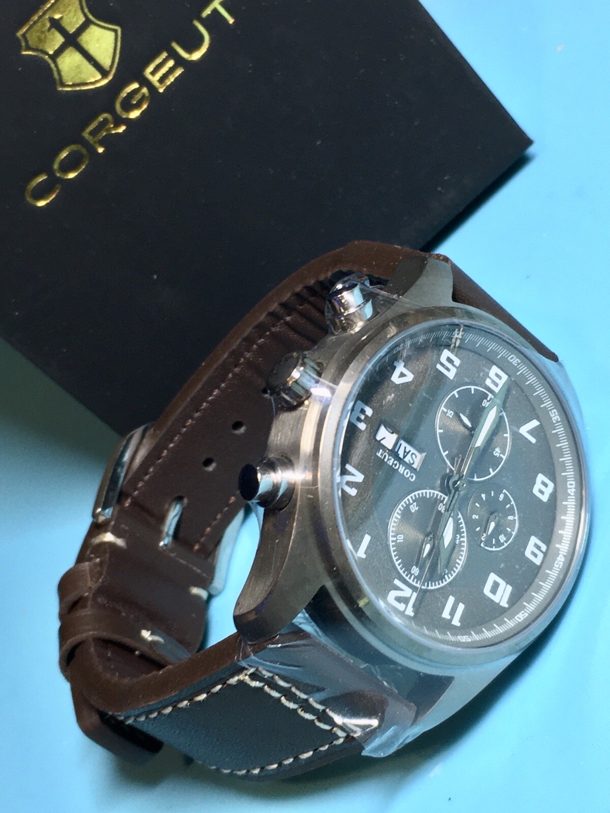 CORGEUT BRONZE DIAL CHRONO WATCH STAINLESS STEEL DAY DATE QUARTZ PILOT WATCH NEW