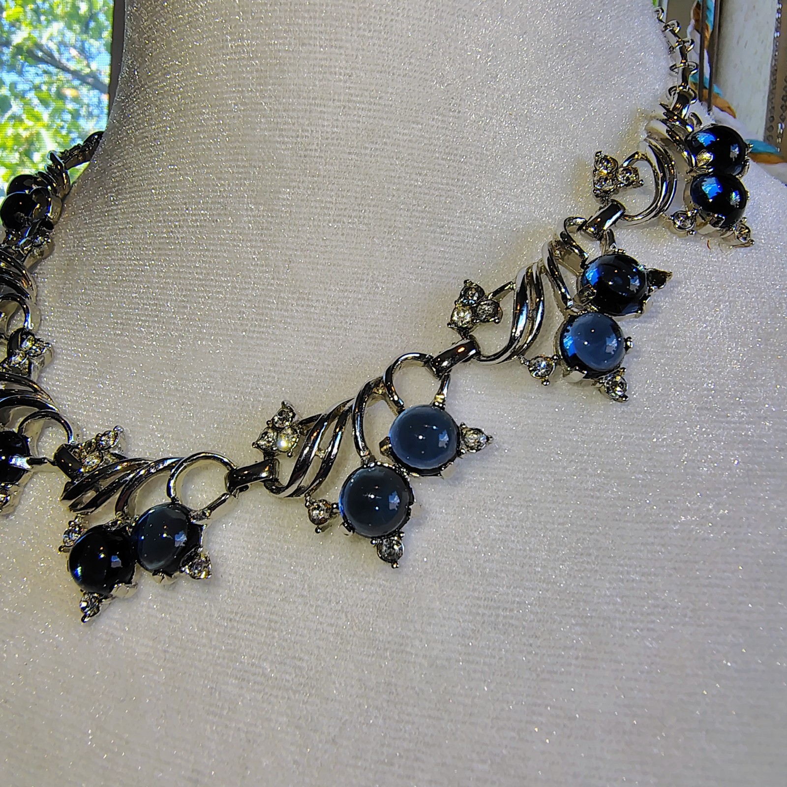 Vintage Blueberry Tutti Fruitti Cabochon & Clear Rhinetone Necklace Silver Toned