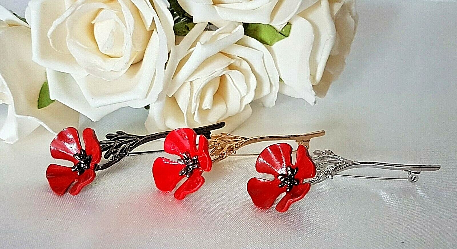 Enamel Red Poppy on Black Stem Approx 75mm x 30mm By CassysJules