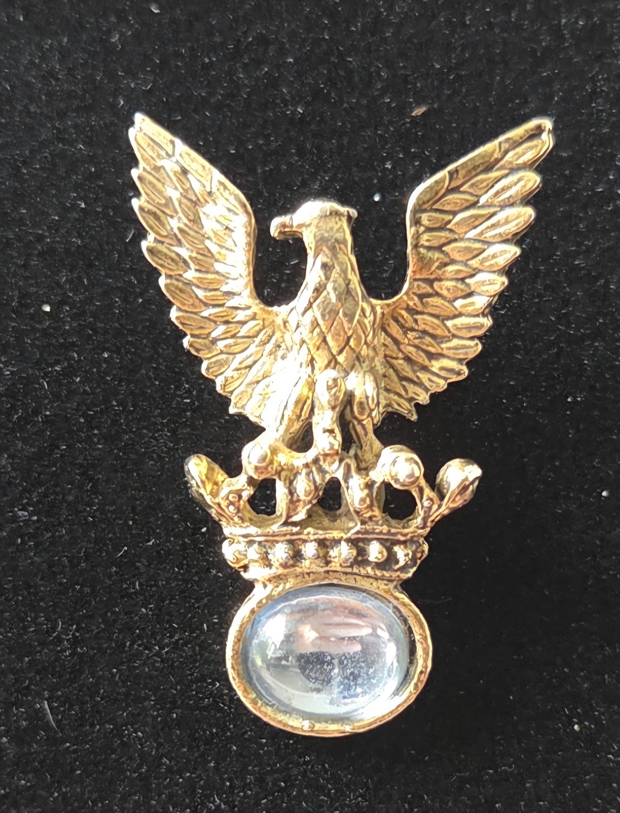 Vintage Gold Tone Eagle Crown Lapel Pin Blue Stone Cabochon Heraldic Brooch