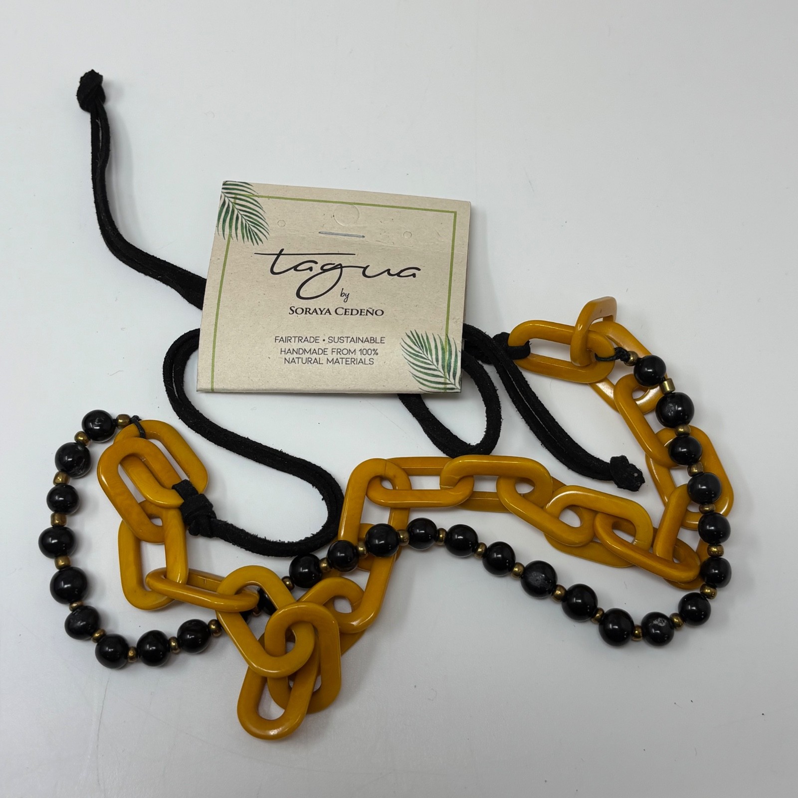 Tagua by Soraya Cedeno Amaranta Necklace Mustard Yellow Links Black Gold Beads