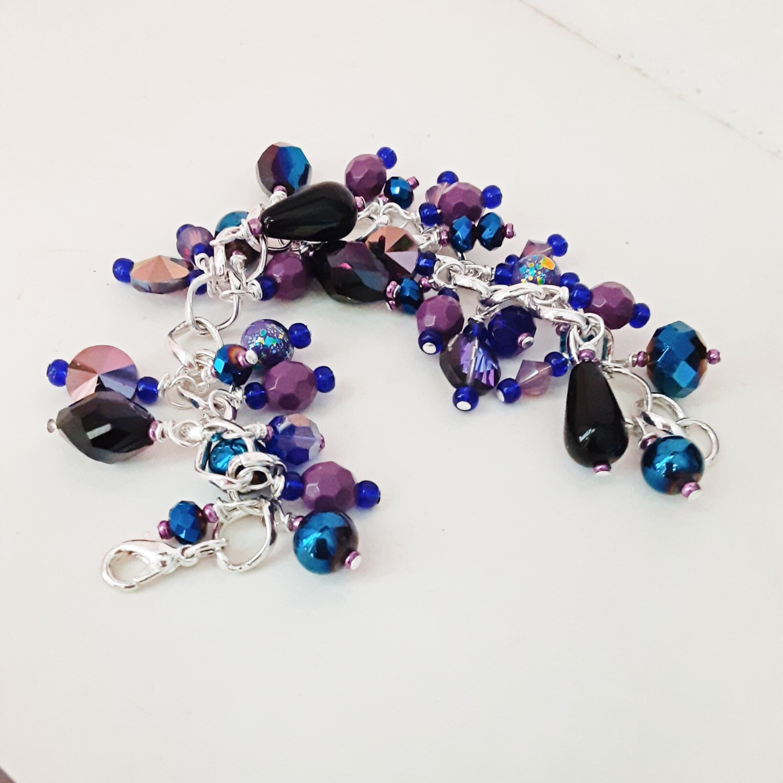 Handmade bracelet upcycled blue purple beads wirework Pat2 sz 6.2