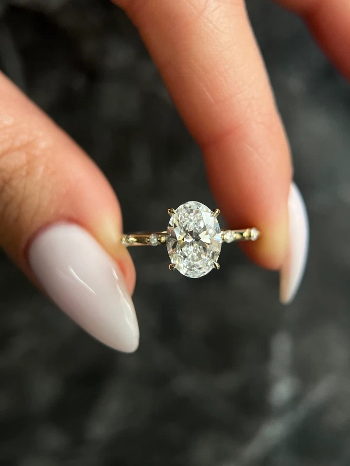 2.90 Ct Oval Cut White Moissanite Prong Engagement Ring 14K Yellow Gold FN