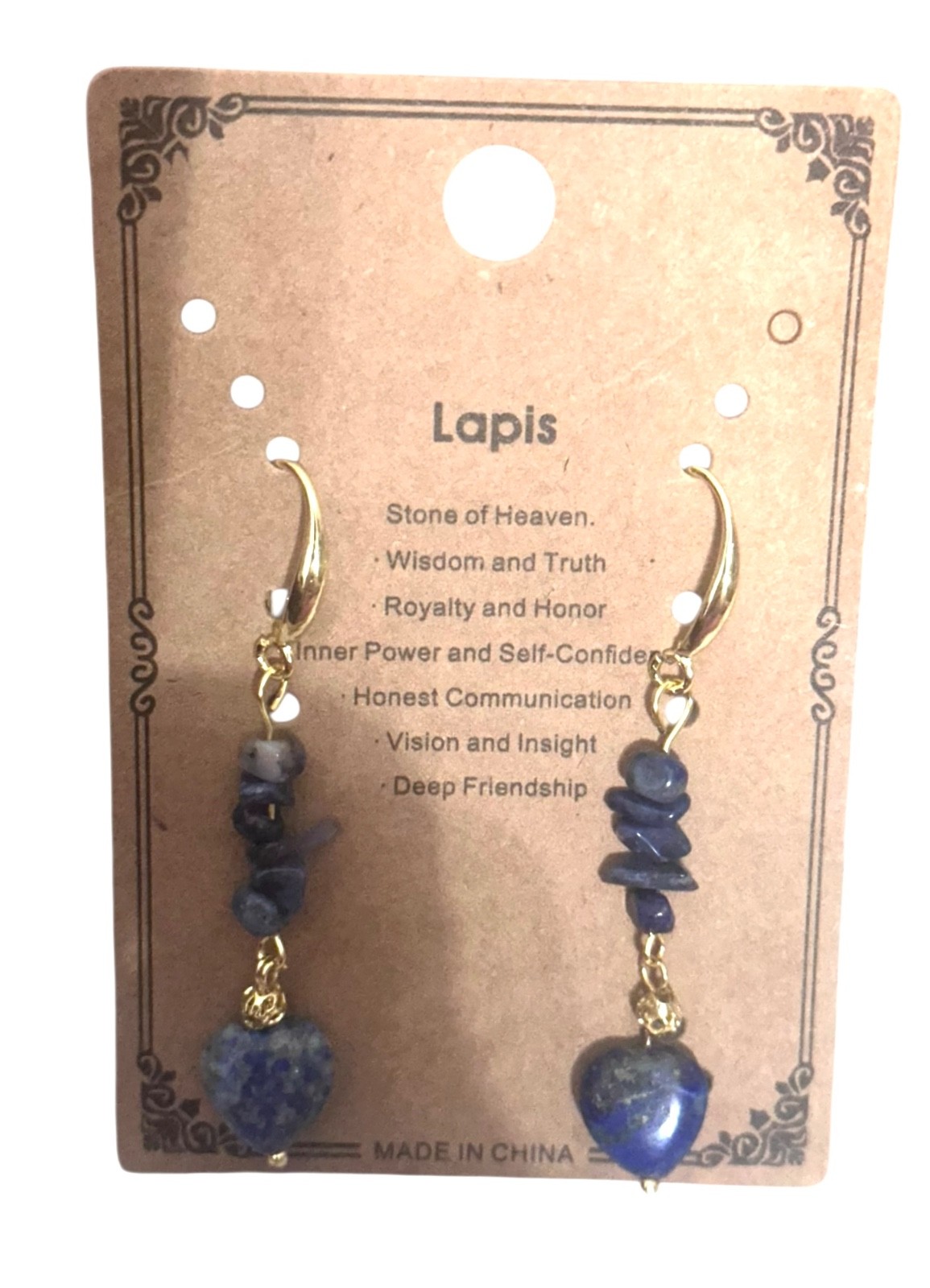 18K gold plated Earrings- Lapis- blue hearts- chip beads- french wire