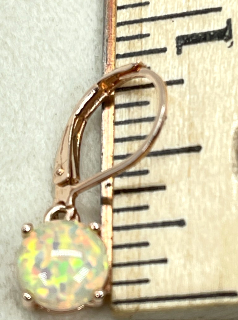 Earrings. Rose Gold Tone White Multicolor Reflective Opal Leverback w/1″ Drop