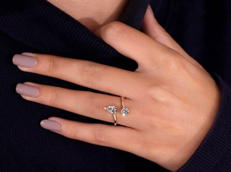 2Ct Round & Pear Cut Simulated Diamond Open Band Ring In 14K Yellow Gold Plated