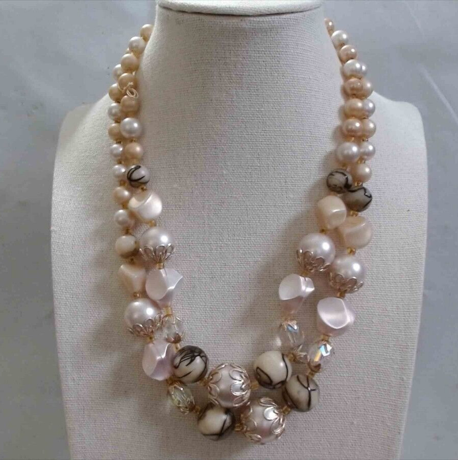 VNTG White Beige Unsigned Japan Double Strand Glass Lucite Adjustabe Necklace