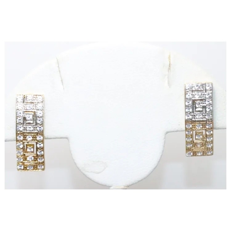 Vintage 18KT Two Tone Gold Cubic Zirconia Greek Key Earrings