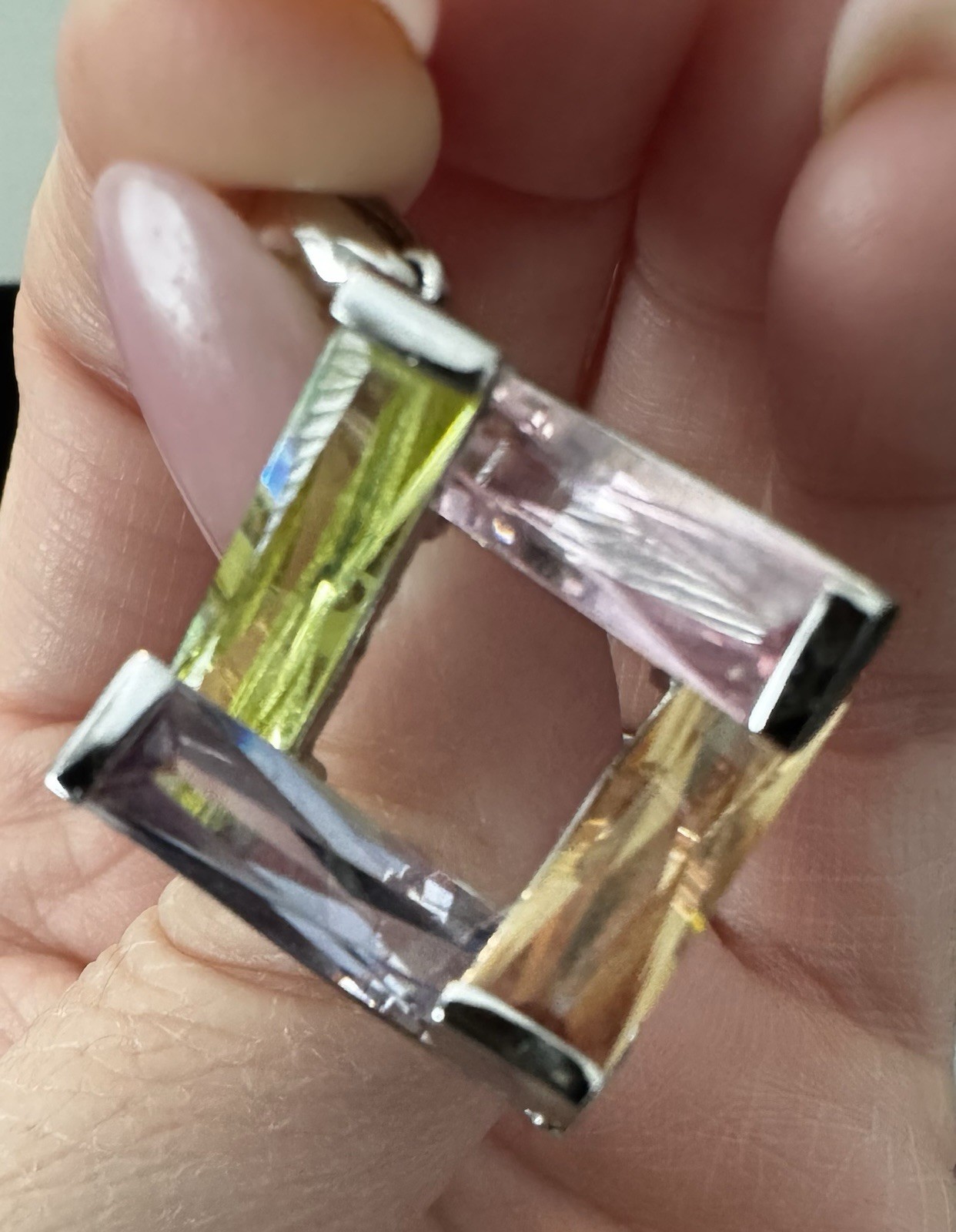 925 Sterling Silver Sparkly Pink Green Purple Baguette Rhinestones Pendant