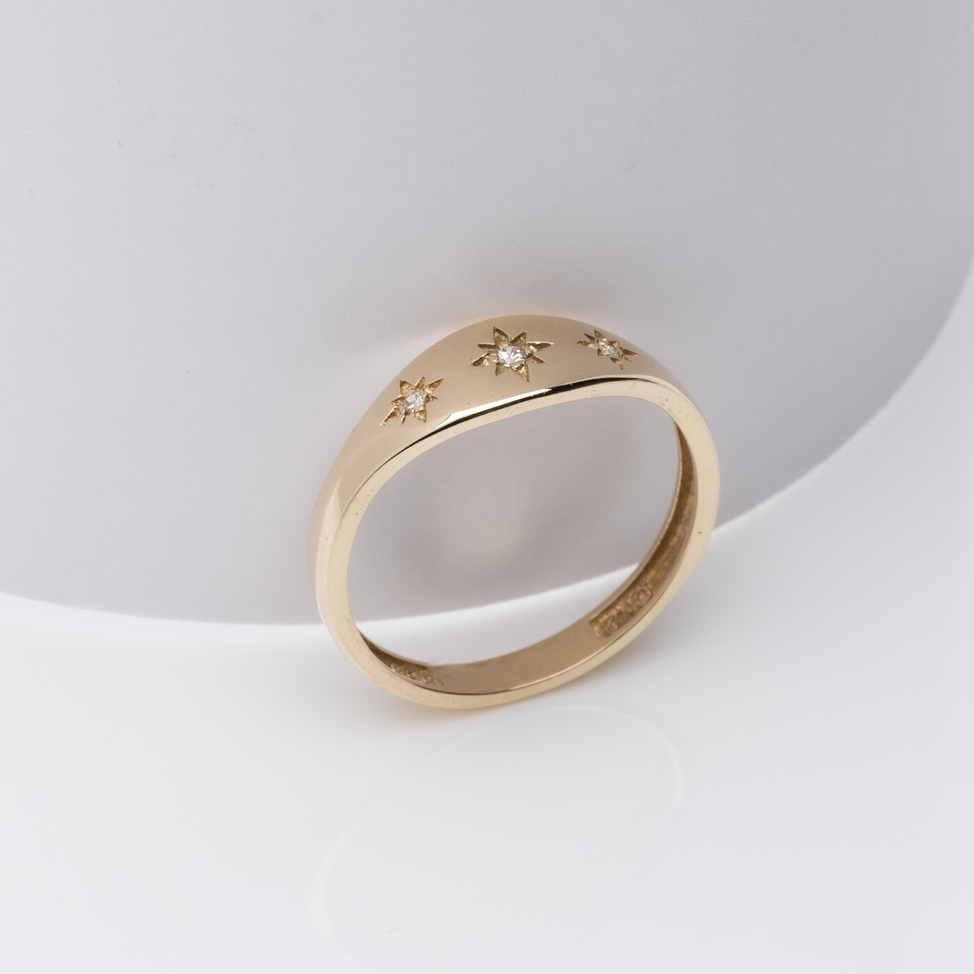 9k Solid Gold Starburst Signet Ring: Cubic Zirconia Polaris Ring