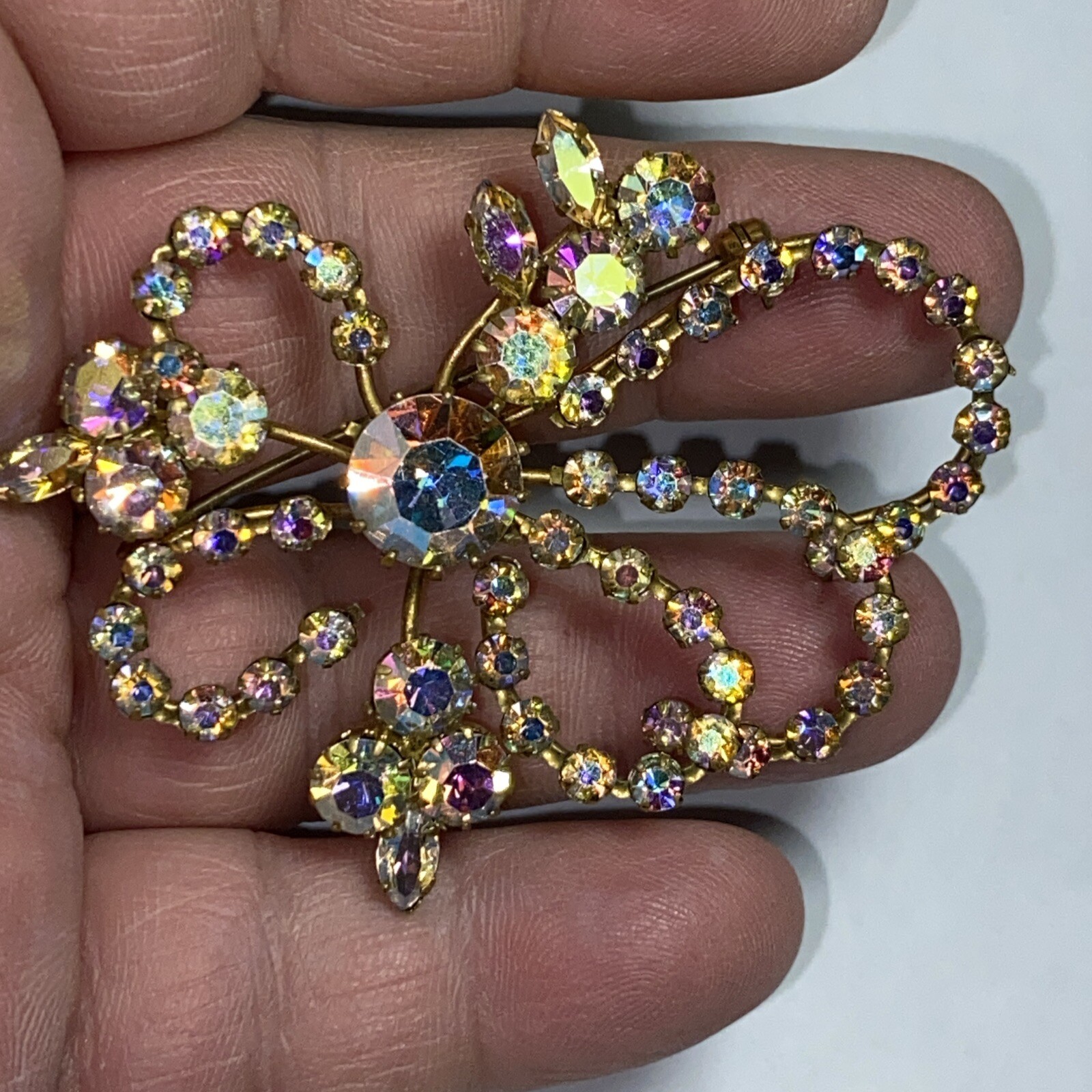Brooch Pin Austrian Big Aurora Borealis Vintage Beauty 2.75” Colors Signed