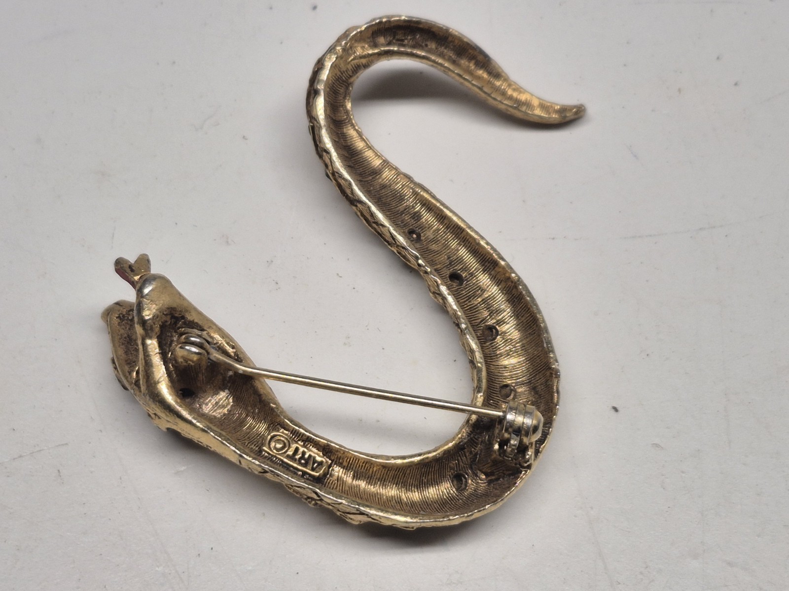 VTG Author Pepper Snake Brooch Pin Gold Whitewashed Snake Red Green Rhinestones