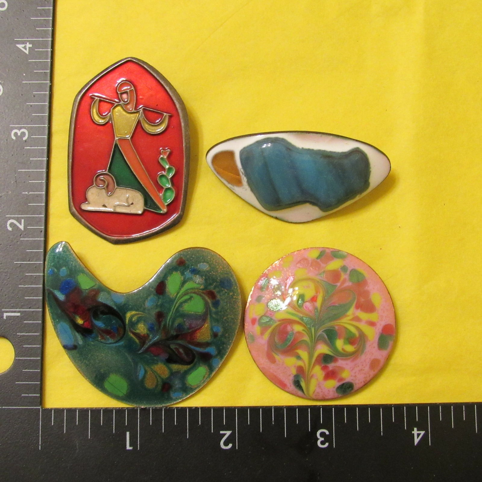 Vintage Lot 4 Mid Century Mod Inga Israel Enamel Copper Shepard Pink Brooches